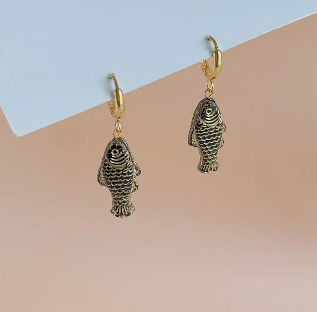 Black and Gold Sardine Earrings - Glass bead Earrings